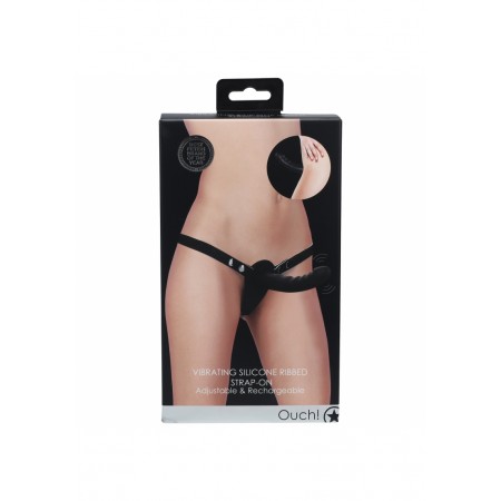  Vibrating Silicone Ribbed Strap-On Adjustable - Black
